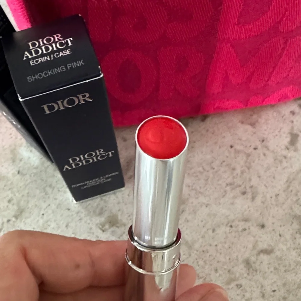 Dior Addict Lipstick with Miss Dior refill cap, new canvas beauty pouch